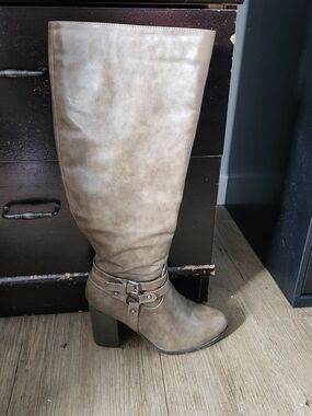 Women's Tall Buckle Strap Block Heel Boots - Taupe